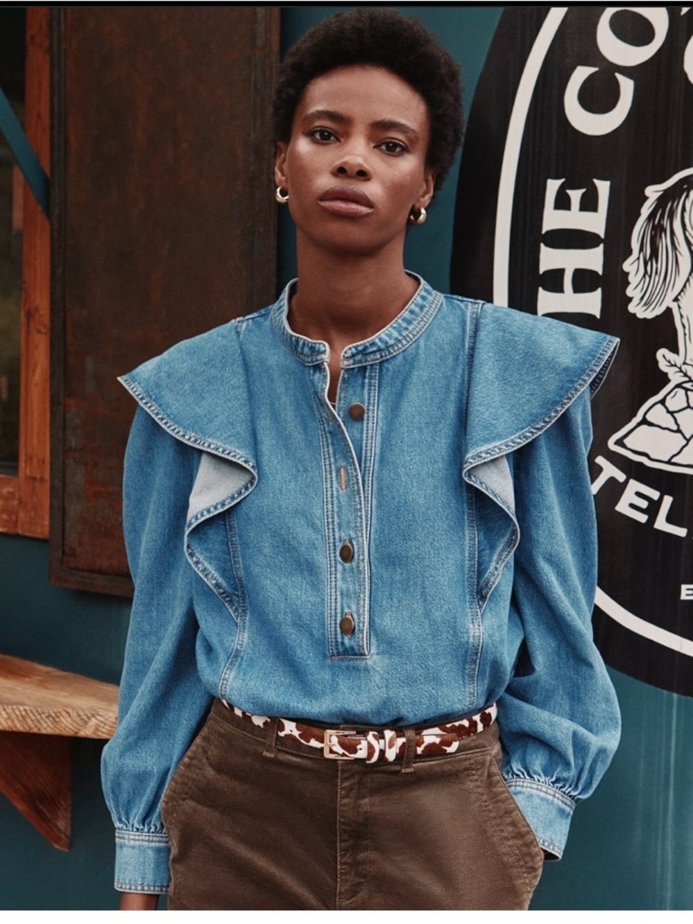 LOFT Blue Denim Ruffle-Shoulder Popover Top